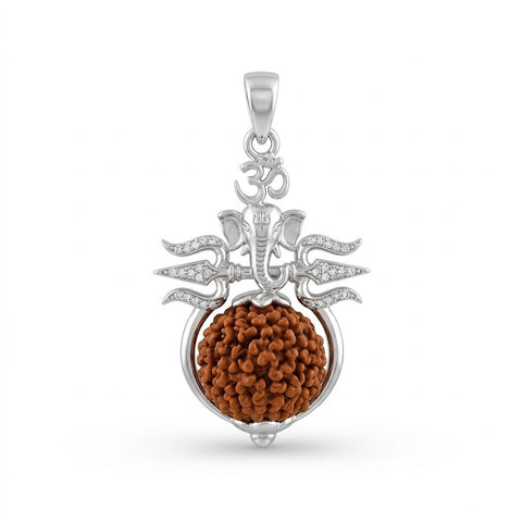 Rudraksha Pendant with Lord Ganesha & Trishul Design in Silver Finish