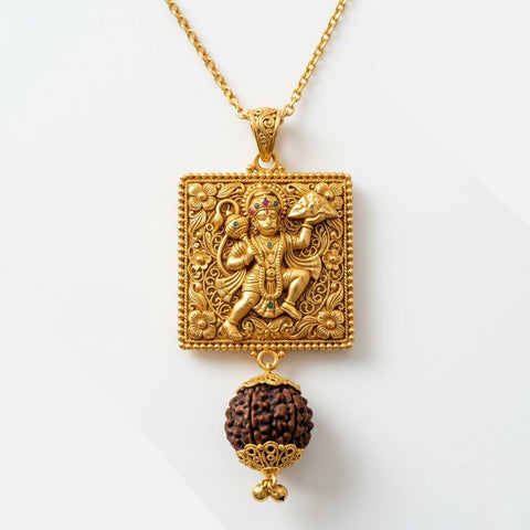 Hanuman Rudraksha Pendant with Bajrangbali Idol in Gold Finish