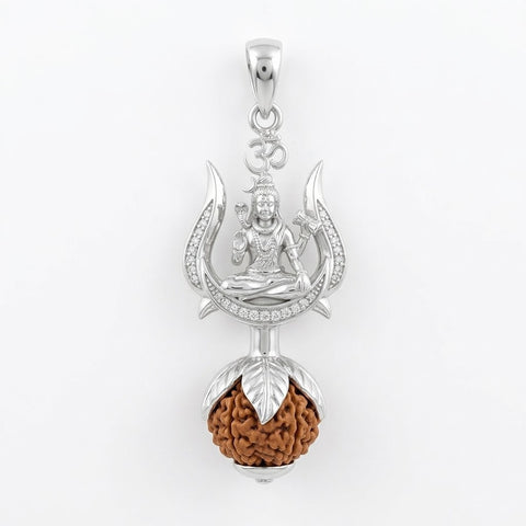 Shiv Rudraksha Pendant with Mahadev Trishul Design in Silver Finish