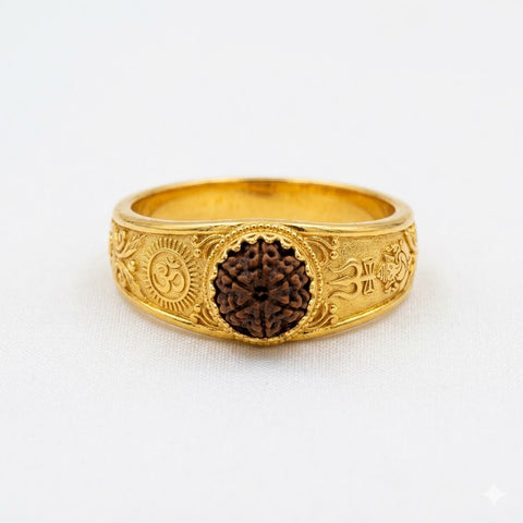 Rudraksha Ring with Om & Trishul Design in Gold Finish