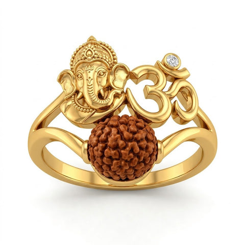 Ganesh Rudraksha Ring with Om Design in Gold Finish