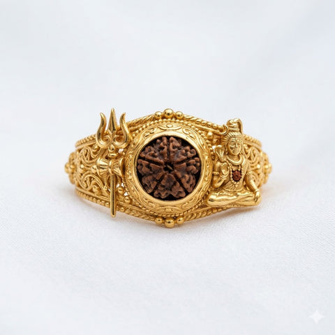 Shiv Rudraksha Ring with Trishul & Mahadev Design in Gold Finish
