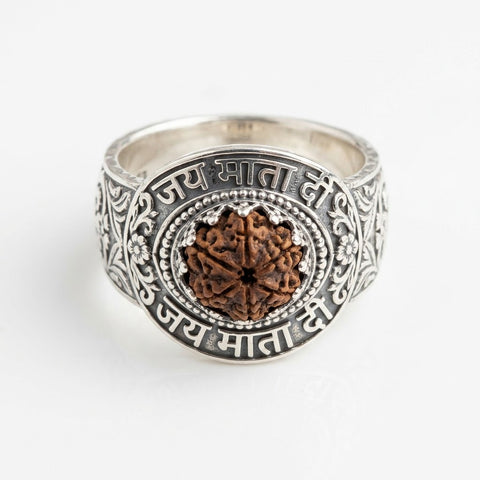 Jai Mata Di Rudraksha Statement Ring with 925 Silver Finish