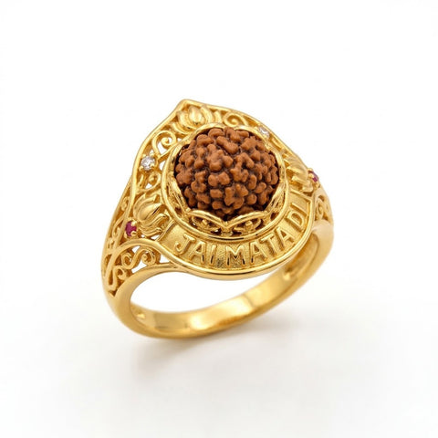 Jai Mata Di Rudraksha Ring with Filigree Work & Stone Accents in Gold Finish