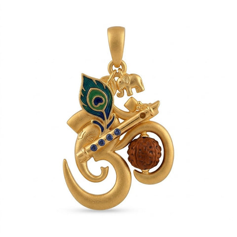 Krishna Rudraksha Pendant with Om, Flute & Morpankh Design in Gold Finish