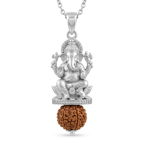 Ganesh Rudraksha Pendant with Lord Ganesha Idol in Silver Finish