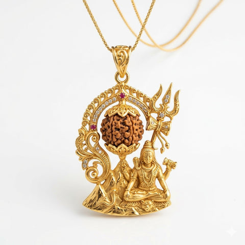 Shiv Rudraksha Pendant with Mahadev, Trishul & Damru Design in Gold Finish